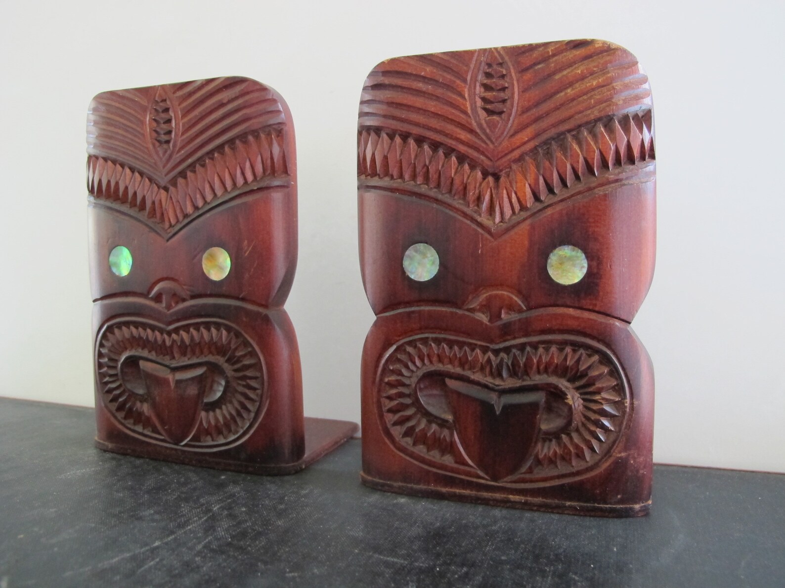 Bookends Maori New Zealand Heads Hand Carved With Inlaid Shell Etsy
