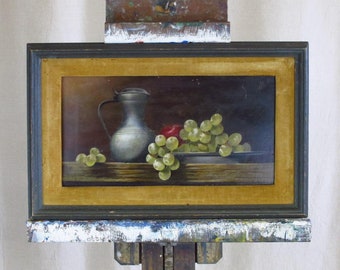 AV Signed French Trompe l'Oeil Still Life Painting on Board of Grapes,and Apple, Pewter, Wooden Tabletop, c. 1920