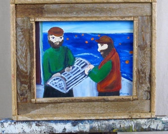 Mainaes Signed "these are my relatives lobstering" Folk Art Painting depicting Lobstermen, Ocean, Buoys, presented in artist-made frame