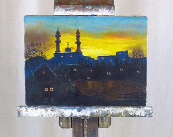 Oil on Canvas Painting, Lisa Signed Cityscape with Mosque at Twilight c. 1970