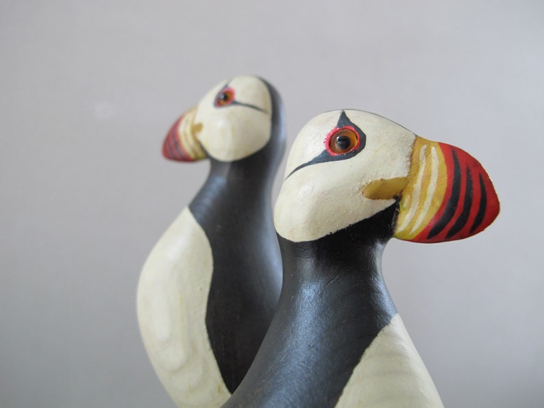 Puffin Bird Carving Wood Group Handcarved and Painting Inset Etsy