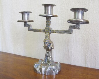 Aztec Revival candelabra with miner as Atlas, solid brass and nickel, c. 1920