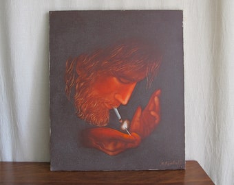 Smoking Jesus, oil on canvas painting signed Nicolas Riaboff, Paris, 1971 vintage antique