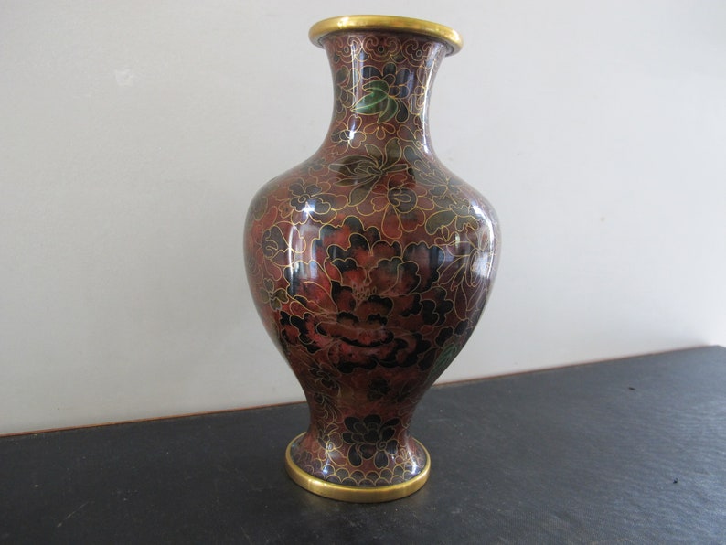 Vase Large Cloisonne Autumnal Fall Camellias Flowers Colors 1960s Chinese with Paperwork