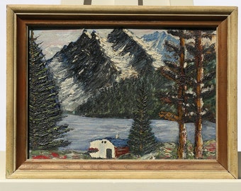 Oil Painting Mountain Lake Cottage Scene Artist Signed T. Halnosi on Board