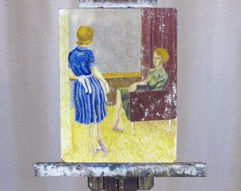 Egg Tempera 1950s Figure Study of Two Women, French c. 1950s