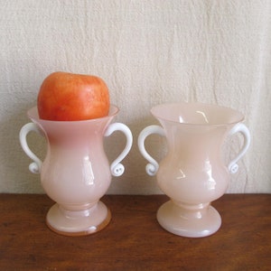 Pair of Czech art glass urn-form vases in shell pink opaline glass, c. 1920 1930 Art Deco