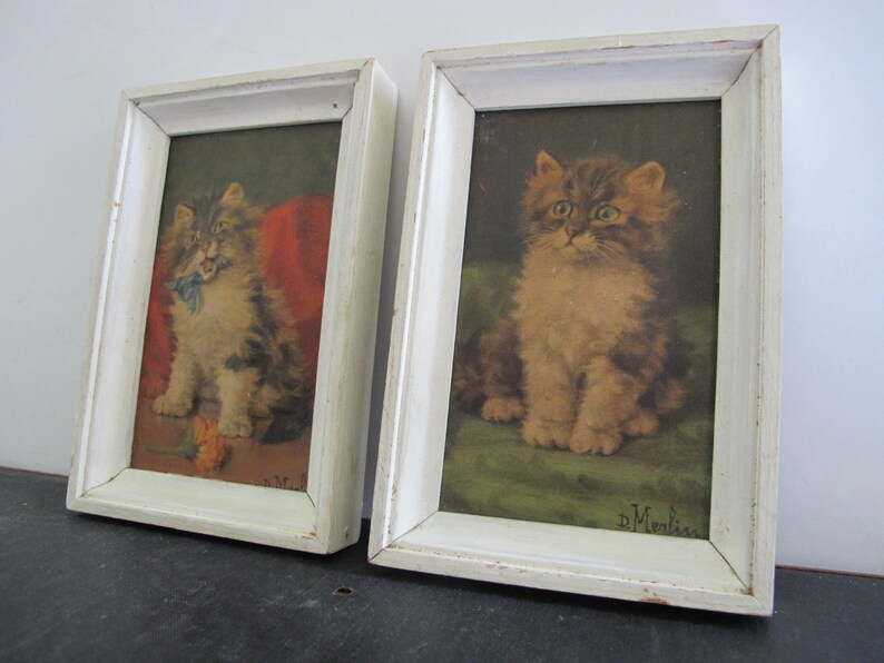 May include: Two framed pictures of kittens. The kitten in the left picture is holding a blue ribbon in its mouth. The kitten in the right picture is looking up. Both pictures have a white frame and a white mat.