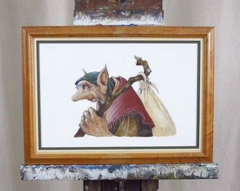 Egg Tempera Fantasy Illustration Portrait of an Ogre or Troll with Knapsack c. 1980