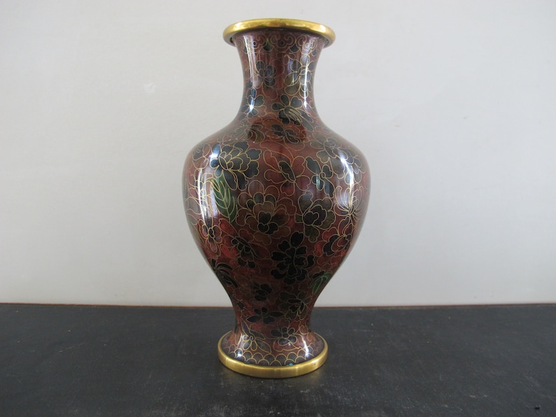 Vase Large Cloisonne Autumnal Fall Camellias Flowers Colors 1960s Chinese with Paperwork