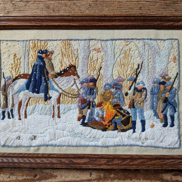 Revolutionary War Embroidery George Washington Valley Forge Soldiers Americana Antique Vintage Centennial Wall Hanging