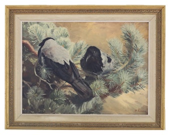 Painting Scandinavian Birds Danish Hooded Crows Henriette Sonne Oil Original Framed Signed Winter Interior Design Wall Hanging