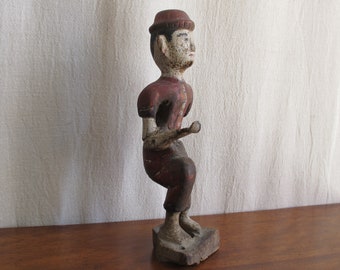 Rare 19th century Rajasthani Indian carved and painted wood mechanical musician, articulated with movable arm, vintage antique