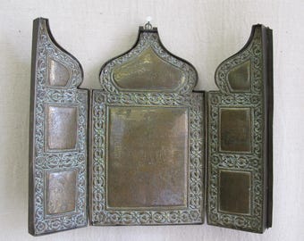 Serbian triptych religious icon in chased and engraved, Saints Cyril and Methodius, meticulous engraving, c. 1850