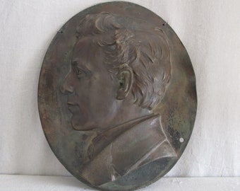 Henry Baerer Bronze Portrait Relief of a Young Man 1878 Signed Antique Sculpture Plaque