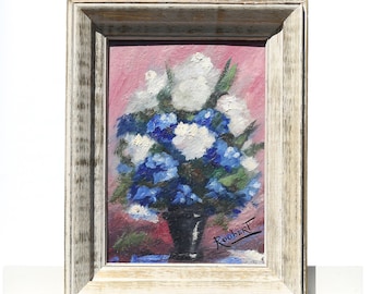 Painting Oil on Board Masonite Hydrangeas in Blue and White Artist Signed Roubert 1950s Period Frame