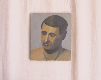 Oil on canvas early modernist Italian painting of a male head with closed eyes, c. 1910 1920 antique vintage