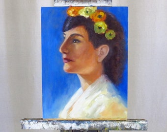 Portrait Oil on Board of Woman with Flowers in her Hair, c. 1970