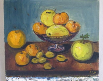 SCD Artist Signed French Still Life of Persimmon, Mangos and Orange Fruit in Compote, c. 1950