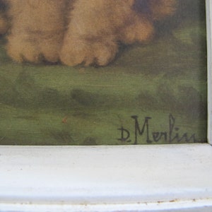 May include: A framed painting of two children with a green background. The painting is signed "D. Merlin".