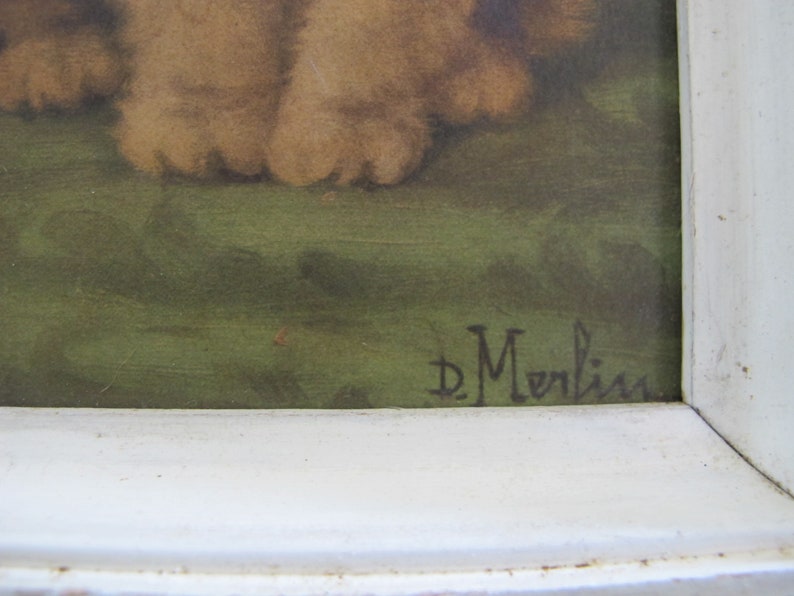 May include: A framed painting of two children with a green background. The painting is signed "D. Merlin".