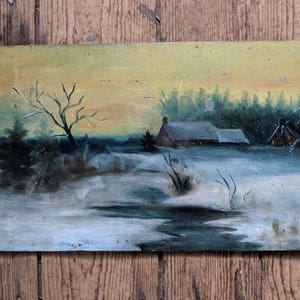 Folk Art Painting Winter Christmas Snowscape on Slate Vermont Country House  Snow Poultney Fair Haven New England Antique