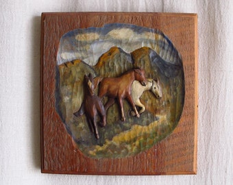 Polychrome Wild Horse Handcarved American Folk Art Wooden Relief, c. 1940