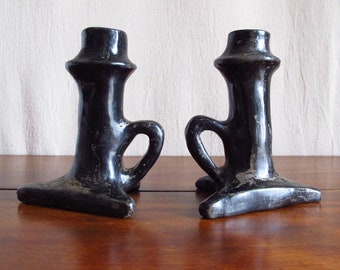 Pair of Southwest Santa Clara black Native American pottery candlesticks, c. 1920