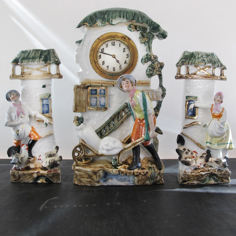 Clock German Porcelain Garniture German Miller Farmer Chickens Mill 1920s Art Deco Staffordshire image 1