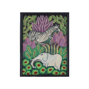 Oil Painting African Elephant Zebra Jungle Signed Framed Original