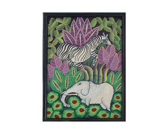 May include: A framed painting depicting a zebra and an elephant in a jungle setting. The zebra is white with black stripes and the elephant is white with a gray trunk. The background is a vibrant green with purple and red flowers.