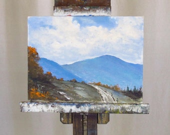 Oil Painting on Board, artist signed Chas Reid, Blue Mountain with Road Landscape, c. 1970