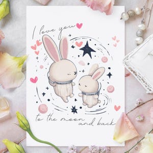 Muttertagskarte, Liebe dich zum Mond und zurück, Hasen-Astronauten, süsse Karte, Karte für Mama, Muttertagsgeschenk, Geschenke für Mama, Geschenke für Mama