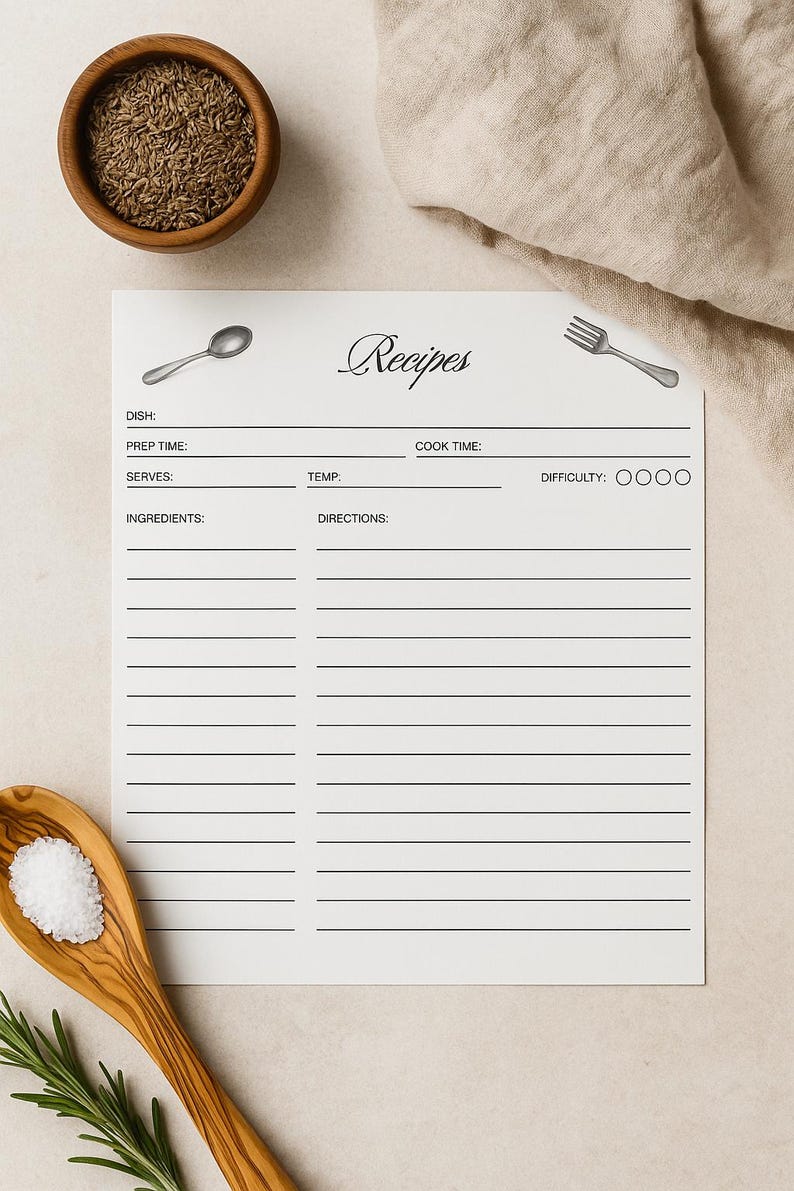 Recipe In Script Printable Recipe Card | Fork and Spoon Design - Etsy