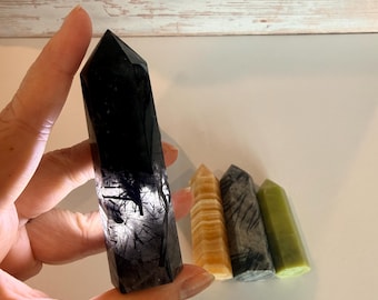4 Tower Collection - including black rutile, yellow calcite, yellow serpentine, spiderweb jasper