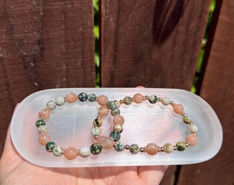 Pfirsich Mondstein und Ozean Jaspis Perlen Armband | Natürliche Handarbeit | Persönlicher Stil | Glitzernden Armband Charm | Zubehör | Bunt