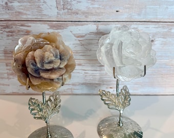Hand Carved Crystal Flower with Stand - Set of 2