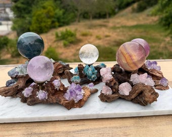 Handmade Natural Driftwood Sphere Holder with Raw Crystal Embellishments || Unique Crystal Wood Stand