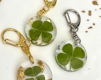 Real 4 Leaf Clover Keychain: Gold or Silver Leaf Good Luck Charm