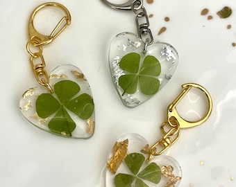 Real Four Leaf Clover Keychain: Gold or Silver Good Luck Charm
