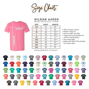 May include: Pink Gildan 64000 unisex t-shirt with a size chart. The chart lists chest and length measurements in inches for sizes XS to 5XL. The shirt features a modern classic fit and a narrow rib collar.