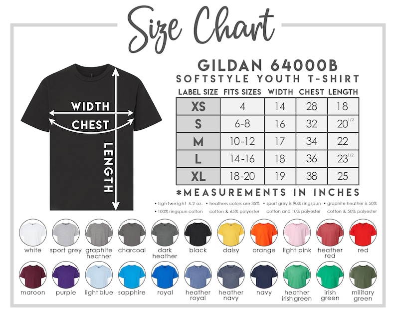 May include: A black Gildan 64000B youth t-shirt with a size chart. The chart lists sizes XS to XL, with measurements in inches for width, chest, and length. Available colors include white, black, red, and more.