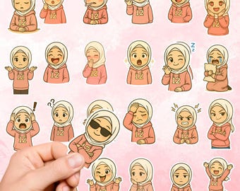 May include: A collection of stickers featuring a cartoon character wearing a hijab and a pink hoodie with the number 12. The stickers depict various facial expressions, including happy, sad, confused, and angry. The background is a soft pink color.