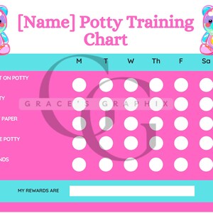 May include: A pink and blue potty training chart featuring a cartoon bear at the top. The chart has spaces for each day of the week and lists the following tasks: asked to sit on potty, sat on potty, used toilet paper, flushed the potty, washed hands. There is a space at the bottom for "My Rewards Are."