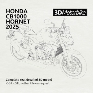 May include: Line drawing of a Honda CB1000 Hornet 2025 motorcycle. The motorcycle is shown in profile view with the front wheel facing the viewer. The drawing is in black and white and shows the details of the motorcycle's design.