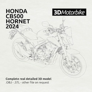 May include: Line drawing of a Honda CB500 Hornet 2024 motorcycle. The motorcycle is shown in profile view with the front wheel facing the viewer. The drawing is in black and white and shows the details of the motorcycle's design.