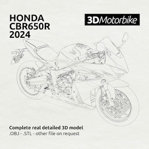 Op de afbeelding: Een lijntekening van een Honda CBR650R 2024 motorfiets. De tekening is in zwart-wit en toont de motorfiets van voren, met het voorwiel en het stuur zichtbaar. De tekst "3DMotorbike" staat in de rechterbovenhoek van de afbeelding.