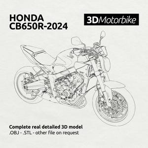 Può includere: Disegno a linea di una motocicletta Honda CB650R-2024. La motocicletta è disegnata in bianco e nero ed è mostrata da una prospettiva a tre quarti. Il testo "3DMotorbike" è nell'angolo in alto a destra dell'immagine. Il testo "Modello 3D completo, reale e dettagliato .OBJ - .STL - altri file su richiesta" è nella parte inferiore dell'immagine.
