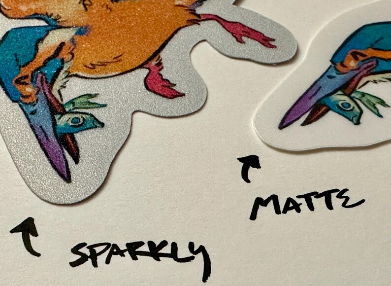 Peut inclure: Gros plan sur deux autocollants en forme d'oiseau. L'un est scintillant avec des couleurs orange, bleu et violet. L'autre est mat avec des couleurs similaires. Les mots "sparkly" et "matte" sont &eacute;crits &agrave; l'encre noire.