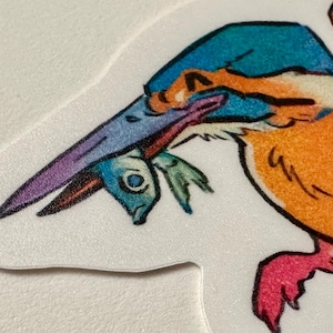 Peut inclure: Un autocollant color&eacute; repr&eacute;sentant un martin-p&ecirc;cheur avec un poisson dans le bec. L'oiseau est illustr&eacute; en bleu, orange et violet, avec un pied rose. Le poisson est bleu et vert.
